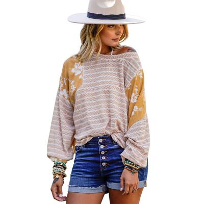 China 2021 Women's Fashion Anti-pilling Long Sleeve Autumn Winter Sweater Stripe Floral Print Crewneck Splicing Top for sale