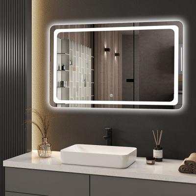 China 2023 Luxury Rectangle Lit Silver Backlit Led Wall Hanging Magnifying LED Bathroom Touch Screen Smart Mirror Bath Mirror for sale