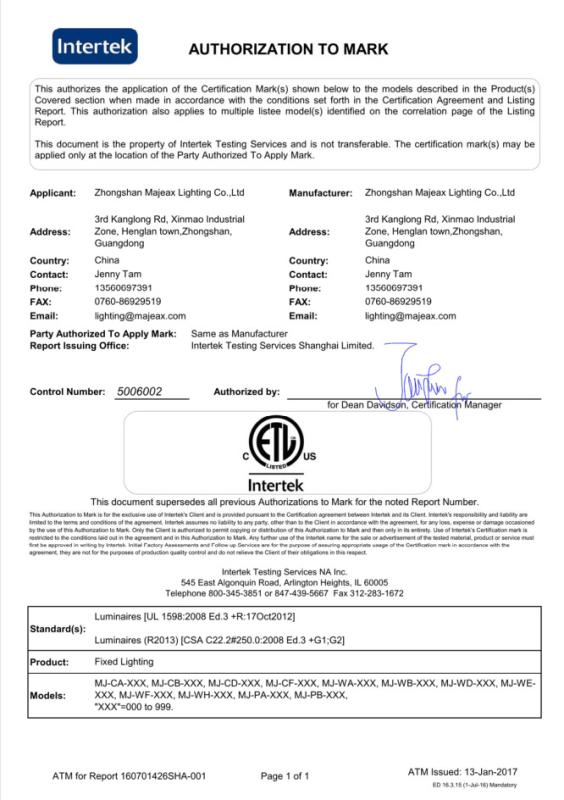 ETL - Zhongshan Majeax Lighting Technology Co., Ltd.