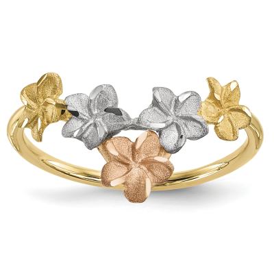 China Tri Tone Plated Plumeria Flowers Hawaiian V Shaped Band Ring Customized Hawaii Style Jewelry 14K Plumeria Jewelry for sale