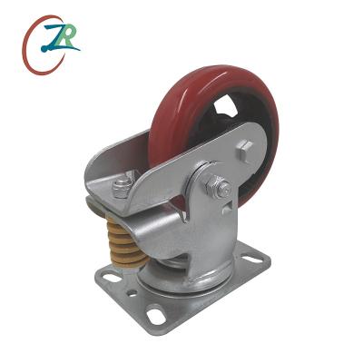 China Shock Absorbing Tread Cast Iron PU Caster Plate Swivel Spring Loaded Shock Absorbing Wheel for sale