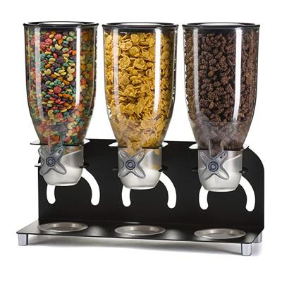 China Freshness Keeping Triple Container Black Cereal Dispenser Container Dry Food Dispenser For Rice Beans Nuts Small Candy Candy for sale