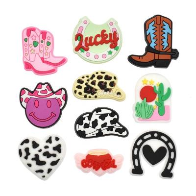 China Clog Charm PVC Croc Charms Western Cowgirl Pink Boots Croc Charms for Shoe Decoration Girls Croc Charms for sale