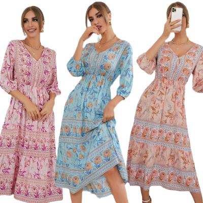 China Viscous Floral Women 3/4 Sleeve V Neck Anti-Static Rayon Boho Dress 2021 Holiday Elegant Sash Beach Spring Bohemian Dresses For Women for sale