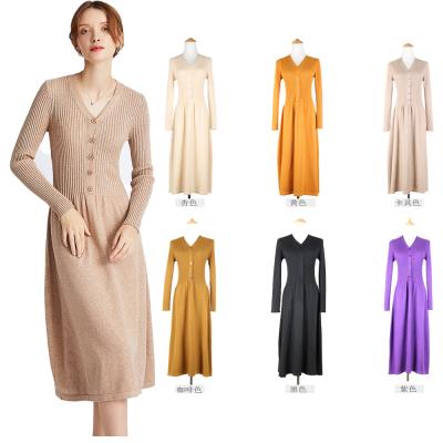 China Korean Style Anti-Static Slim Knit Long Dress Women Knit Sweater Dress Woman Above Knee Knitted Dress With Buttons for sale