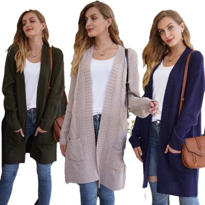 China High Quality Autumn Winter Anti-pilling Plus Size Knit Long Cardigan Women's Solid Color Pocketed Cardigan Sweater for sale