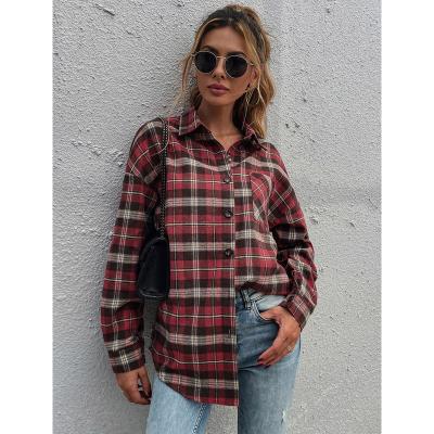 China Autumn Fall Winter Long Sleeve 2021 Anti Shrink Red Women's Polyester Flannel Shirts Button Down Blouses Tops Plaid Shirt for sale