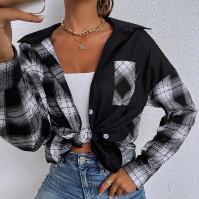 China 2021 Anti-Shrink Autumn Flannel Shirt Women Long Sheath Black And White Plaid Flannel Blouse Women's Shirt For Women for sale