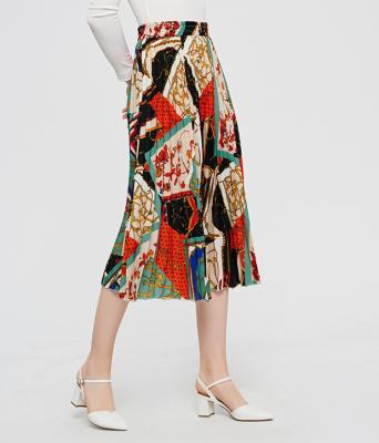 China 2020 Anti-Static Contrast Color Summer New Mid Length Skirt Floral Printing Pleated Skirt for sale