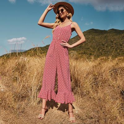 China Floral Button Up One Piece Rompers QUICK DRY Strap Jumpsuit Slip Flare Wide Leg Romper Women 2021 for sale