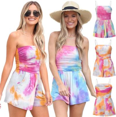 China Fashion 2021 New Summer QUICK DRY Strapless Overalls Dye Tie Dyeing Shorts Halter Women Ropmer Overalls for sale