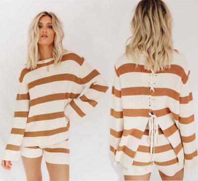 China Winter QUICK DRY Striped Women 2 Piece Set Clothing 2 Piece Drop Long Sleeve Short Sweater Set For Women for sale