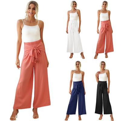 China 2021 Anti-wrinkle cotton high waist bandage wide leg pants simple white storm plus size long pants women for sale