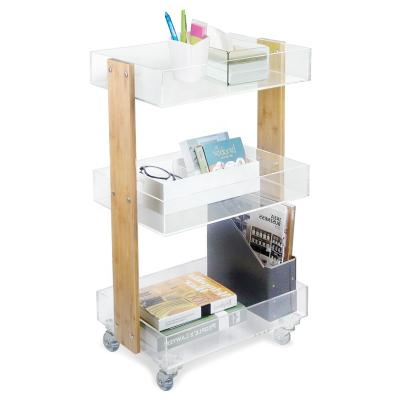 China Sustainable 3 Tier Modern Acrylic Bamboo Trolley Furniture Storage Rolling Car for sale