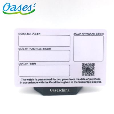 China Plastic Material Home Printing Warranty Card With Blank Signatures For Watch for sale