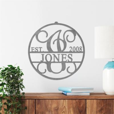 China Art Decor Custom Design Metal Open Frame Family Name Sign Outdoor Laser Cut Metal Wall Art Decor Hanging for sale