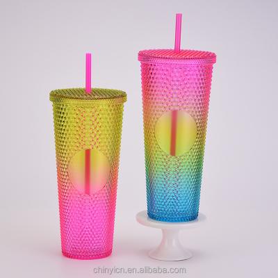 China Double-layer straw cup large capacity durian 710ml hand design viable plastic bottle creative bright color changing rainbow gradient for sale