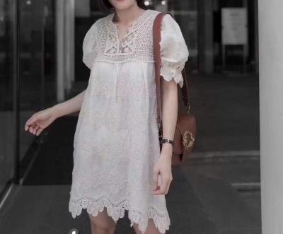 China NEW high quality anti-static pure color fancy crochet o-neck crochet dress high quality short sleeve women dress for sale