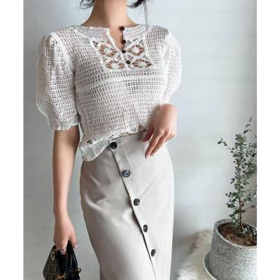 China Factory Wholesale 2022 Short Sleeve Crochet Clothing Women Anti-pilling Hollow Out Crochet Tops for sale