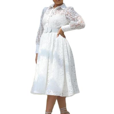 China 2022 Autumn New Style Fashion Women Anti-static White Lace Dress Long Sleeve Sexy Ruffled Sexy Party Casual Dress With Belt for sale