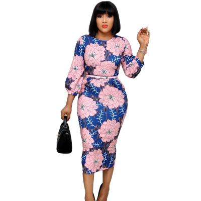 China Anti-Static Wholesales Casual Wear Ladies Dress Formal Office Formal Dresses Women Work To Wear Elegant Flower Print Dress With Belt for sale