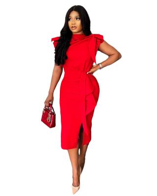 China Anti-wrinkle women vendor clothing 2021 plus size 3XL solid color ladies neck bodycon dress European red casual pencil slit sexy for sale