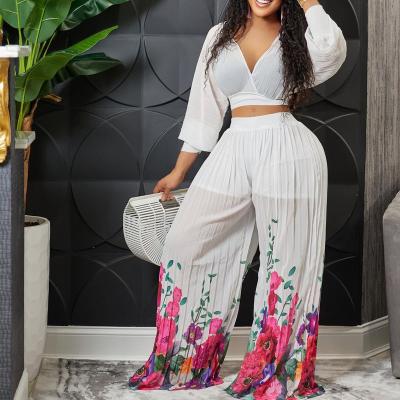 China Breathable Women Fashion Elegant V-Neck Sexy Crop Top Wide Leg Pants Two Piece Sets Batwing Sheaths Sheer Print Pants for sale