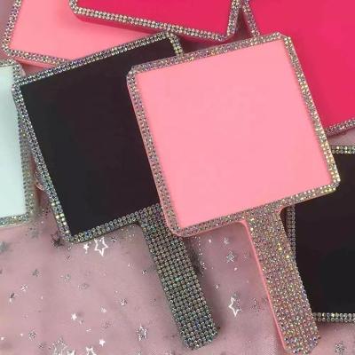 China Factory Price Personalized Heart Shaped Handle Makeup Mirror With Custom Logo Elliptical Rhinestone Vanity Mirrors Hand Held Square Mirror for sale