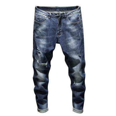 China Online Wholesale Fashion Color Fade Proof Ripped Young Men Medium Blue Slim Fit Jeans for sale