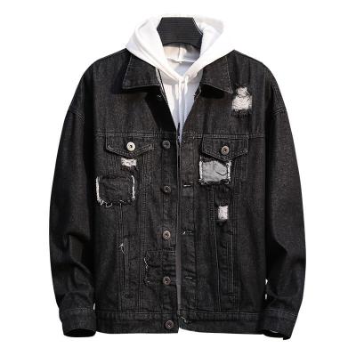 China New Arrival Breathable Spring Fashionable Black Ripped Down Turn Down Collar Mens Jeans Jacket for sale