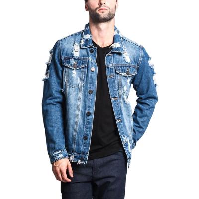 China Dirtect Breathable Chinese Factory Manufacturing Ripped Hole Vintage Denim Blue Slim Fit Jacket For Men for sale