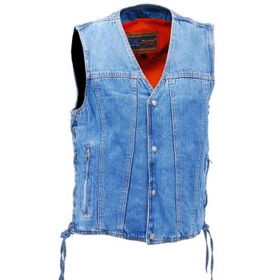 China Wholesale QUICK DRY Customize Side Lace V-Neck Button Closure Zipper Pocket Biker Denim Vest Light Blue Mens Good Quality for sale