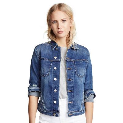 China OEM Latest Viable Women Fashion Coat High Quality Medium Blue Ripped Slim Fit Stretch Denim Jacket For Women for sale