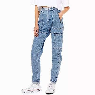 China New Lady Wear Light Blue QUICK DRY Custom Model Mom Fitted Side Pocket Jeans Pants Women for sale