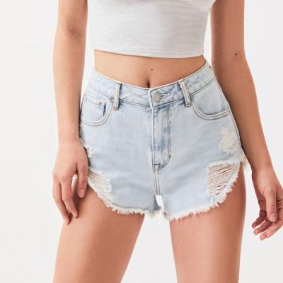 China Wholesale Cheap Breathable Summer Hot Shorts Light Blue ACID Wash Ripped Women Ham Denim Shots Vintage for sale