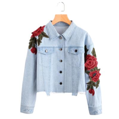 China Custom high quality light blue breathable spring denim jacket low MOQ for women long sleeve floral embroidery jeans jacket for sale