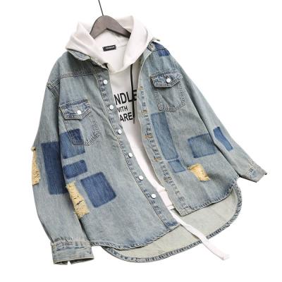 China Viable wholesale good quality back printed greenish blue ripped shirt like oversized denim jacket for women for sale