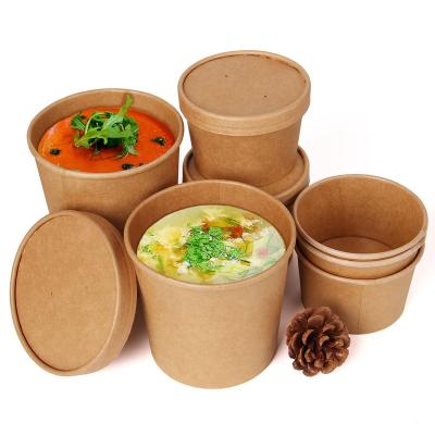 China 8oz Biodegradable Kraft Paper Salad Soup Bowl With Lid Take Out Kraft Paper Food Container for sale