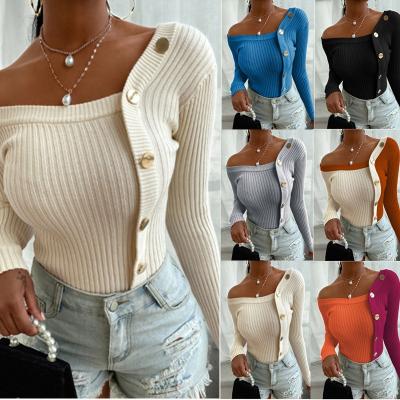 China LW-ST20209 new arrivals anti-pilling rib button design one empty shoulder knitted women's sweaters for sale