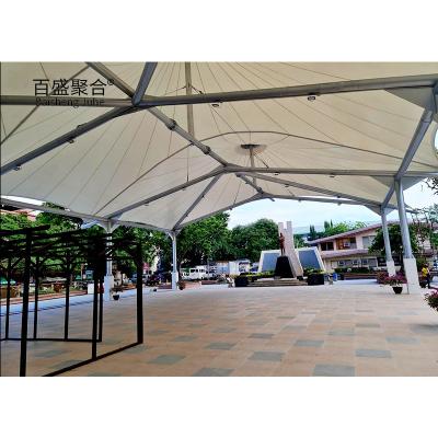 China 0.065mm Stof tent schaduw structuur zonnescherm PVDF PTFE parkeerterrein spanningsmembraan structuur Te koop