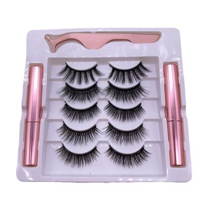 China 2020 Natural Long Factory Selling Synthetic Fiber 5 Pairs 3D Magnetic Eyelashes With Liquid Eyeliner Tweezers Set for sale