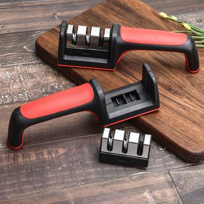 China Sustainable Kitchen Knife Accessories Manual 3-Stage Knife Sharpener With Non Slip Rubber Handle for sale