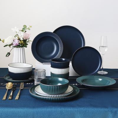 China Wholesale Viable Style Nordic Matte Luster Catering Service Dish and Bowl Porcelain Dinner Set Striped Ceramic Tableware for sale