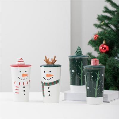 China Christmas Design Gift 12oz Custom Creative Wall Viable Double Ceramic Travel Mug With Silicone Lid for sale