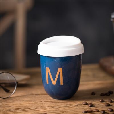 China Viable Wholesale Bulk Promotional Gift Office Used Leakproof Blue Custom Ceramic Mug Travel Coffee Mug With Lid for sale