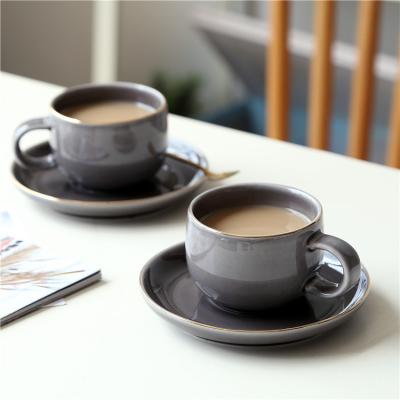 China Wholesale Custom Viable Shiny Gray Ceramic Gold Rim Drinkware Cup And Saucer Espresso Tea Coffee Cups With Saucer for sale