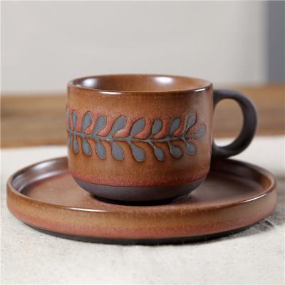 China Sustainable Wholesale Custom Vintage Leaves Brown Ceramic Drink Cups And Saucers Tea Cup Set Coffee Cups With Saucer for sale