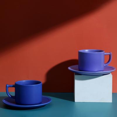 China Sustainable eco-friendly nordic matte purple and blue klein milk ceramic cups and saucers set coffee tea cups with custom logo for sale