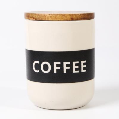 China Kitchenware Nordic White Cylinder Simple Design Cover Style Stoneware Coffee Ceramic Airtight Canister With Wooden Lid for sale