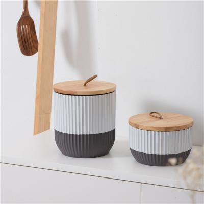 China Wholesale Two Tone Striped Kitchen Food Storage Jar Airtight Ceramic Coffee Tea Sugar Canisters With Wooden Lid for sale